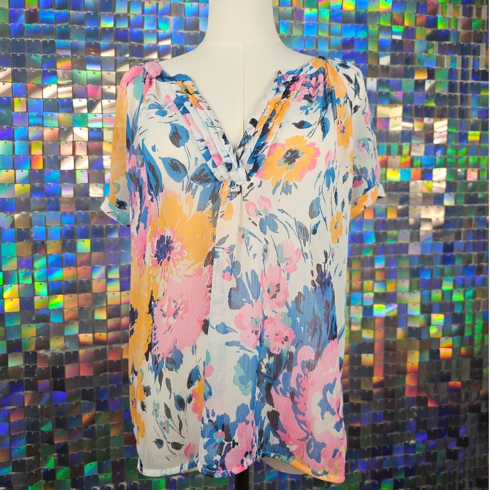 Women's Sheer Floral V-Neck Short Sleeve Tunic Top‎ Blouse - Picture 7 of 9